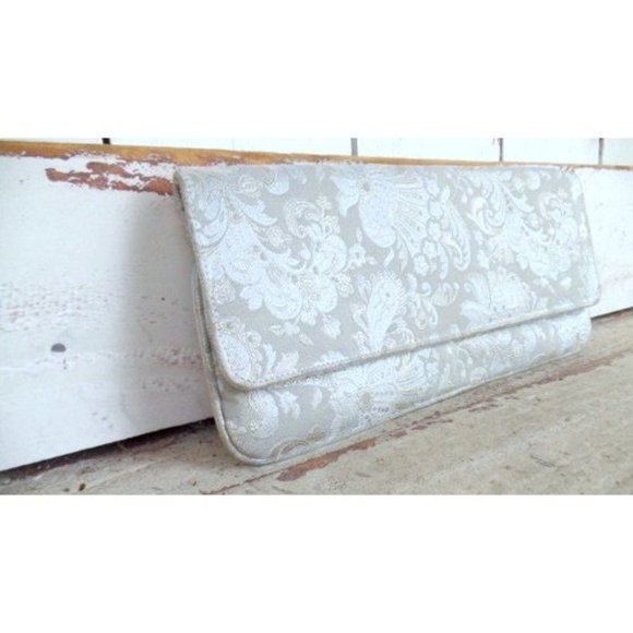 Vintage silver tan floral brocade tapestry evening clutch bag - Picture 3 of 5